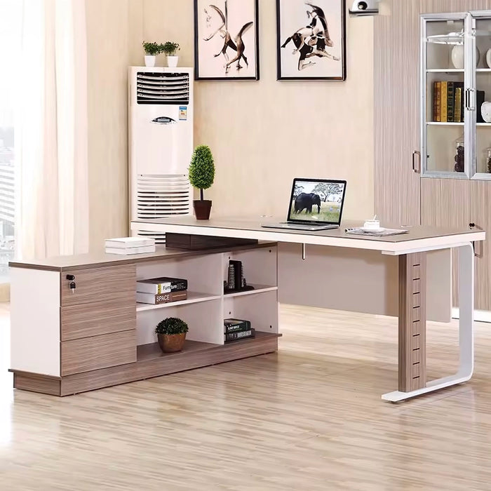 Arcadia Compact High-end Birch Beige and White L-shaped Return Home and Corporate Office Desk with Drawers and Cabinets Storage, Privacy Bevel, and Cord Management
