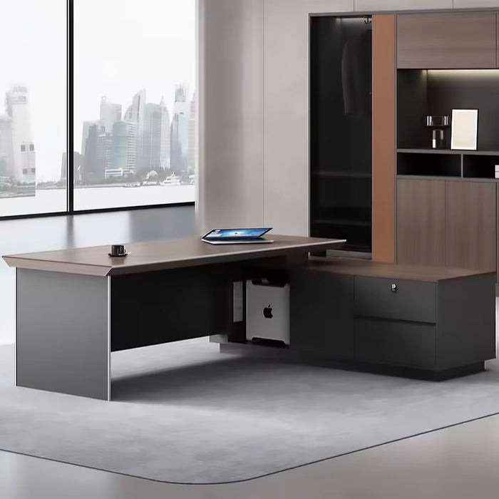 Arcadia Mid-sized High-end Black Executive L-shaped Home Office Desk with Drawers and Storage, Cable Management, and Password Lock