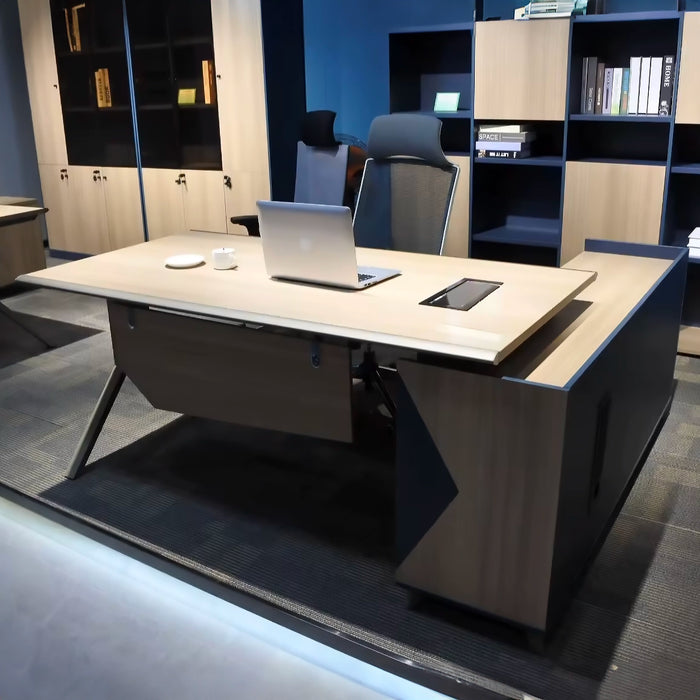 Arcadia 时尚专业米色棕褐色和蓝色行政 L 形办公桌，带抽屉和存储空间，适合家庭和商业使用，配有回程桌、电缆管理、密码锁和宽敞的设计