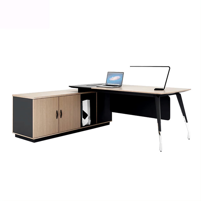 Arcadia 正式中型专业灰色和棕色行政 L 形商务和家庭办公桌，配有抽屉和存储空间、电缆管理、密码锁和散热孔