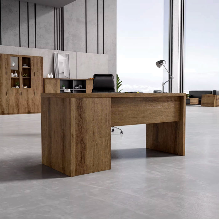 Arcadia 中型现代自然大胆深棕色橡木专业和家庭行政办公桌，配有移动柜、抽屉和电缆管理