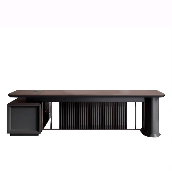 Arcadia Modern Professional Black and Brown Executive L-shaped Office Desk with Drawers and Storage for Home and Business Use with Return Desk, Cable Management, Password Lock, and Spacious Design