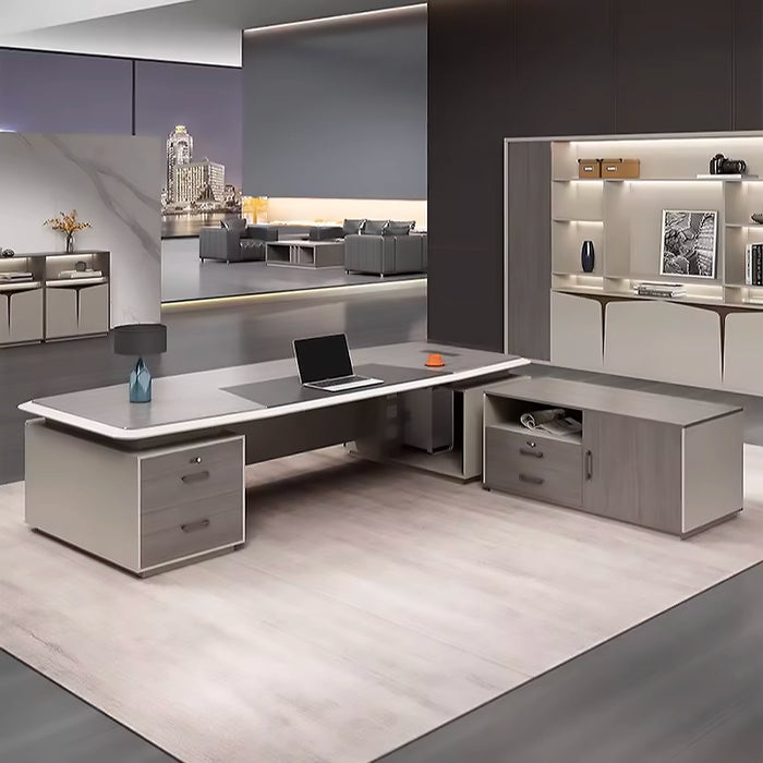 Arcadia 经典高端棕色和棕褐色米色 L 形家庭和公司办公桌，带抽屉和橱柜存储、皮革鼠标垫和电线管理
