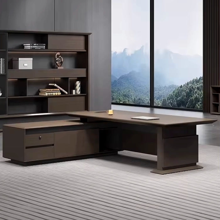 Arcadia 中型高端金橡木行政 L 形转角家庭办公桌，带抽屉和储物空间、无线充电和机械锁