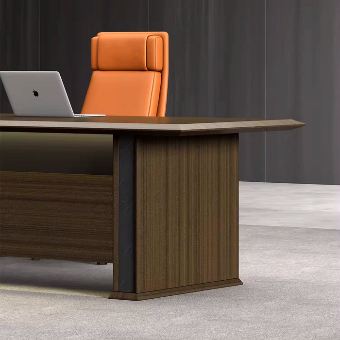 Arcadia Mid-sized High-end Oakwood Brown Executive L-shaped Home Office Desk with Drawers and Storage, Cable Management, and Wireless Charging