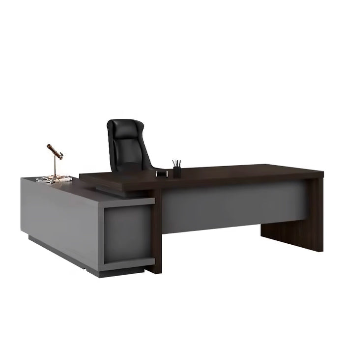 Arcadia Mid-sized Mid-range Dark Gray and Bold Brown Executive L-shaped Study Office Desk with Drawers and Cabinets for Storage, Lockable Drawers, and Cable Management