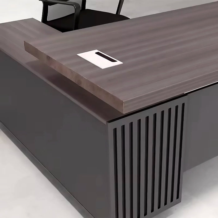 Arcadia 中型中档深棕色和黑色行政 L 形学习办公桌，配有抽屉和橱柜，用于存储、可上锁的抽屉和电缆管理