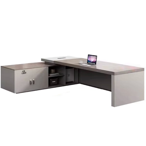 Arcadia Mid-sized High-end Modern White Executive L-shaped Home Office Desk with Drawers and Storage, Cable Management, Desktop Charging, and Password Lock