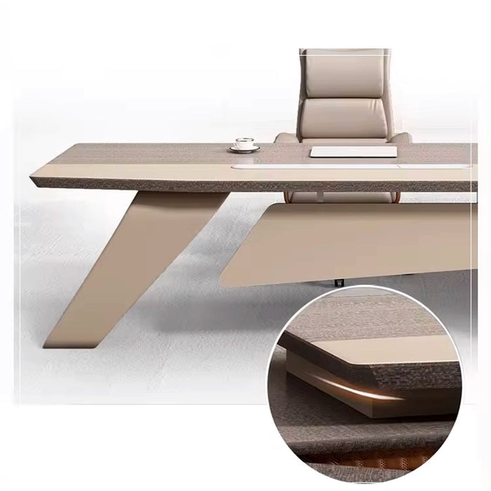 Arcadia 中型高端米色棕褐色橡木行政 L 形家庭办公桌，带抽屉和储物空间及电缆管理