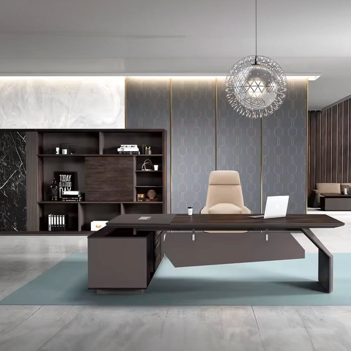 Arcadia 奢华高端现代咖啡棕色 L 形 CEO 行政办公桌，带抽屉和橱柜储物空间，耐用饰面，隐私斜面板岩和光滑桌面
