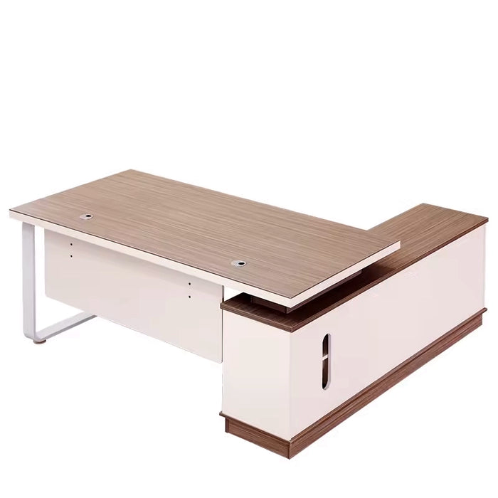 Arcadia Compact High-end Birch Beige and White L-shaped Return Home and Corporate Office Desk with Drawers and Cabinets Storage, Privacy Bevel, and Cord Management