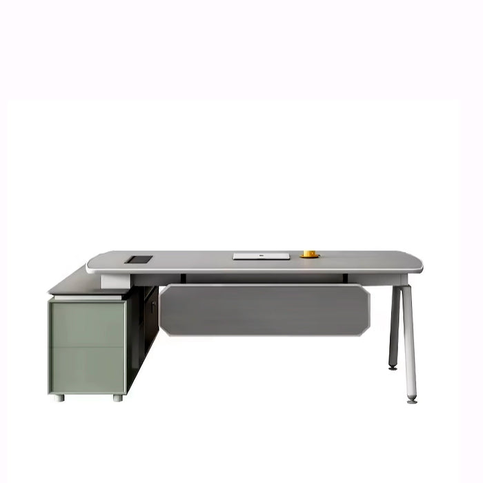 Arcadia 紧凑型专业米灰色和白色行政 L 形办公桌，带抽屉和存储空间，适合家庭和商业使用，配有回程桌、电缆管理、密码锁和宽敞的设计
