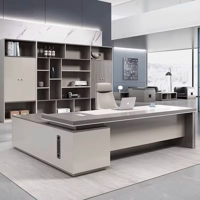 Arcadia 中型高端米色灰色橡木行政 L 形家庭办公桌，带抽屉和储物空间、电缆管理和密码锁