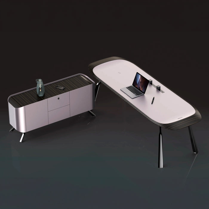 Arcadia 中型高端超高品质金属灰色行政 L 形转角家庭办公桌，配有移动抽屉和存储空间、无线和 USB 充电端口以及指纹锁