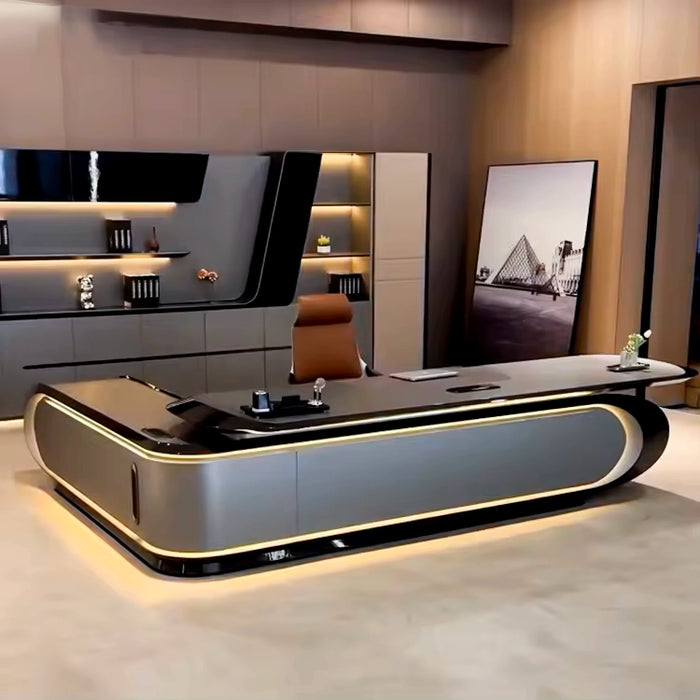 Arcadia 大型高端超高品质金属灰色行政 L 形转角家庭办公桌，带抽屉和储物空间、无线和 USB 充电端口以及指纹锁
