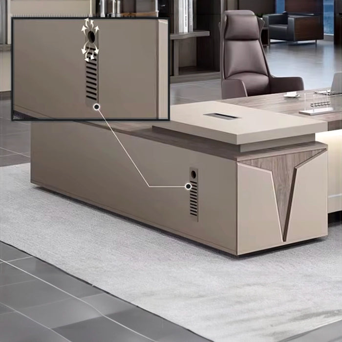Arcadia 中型高端橡木米色行政 L 形家庭办公桌，带抽屉和储物空间、电缆管理和密码锁