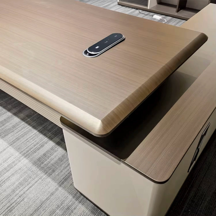 Arcadia 现代高端米色棕褐色和橡木棕色行政 L 形家庭办公桌，带抽屉和储物空间、电缆管理和无线充电