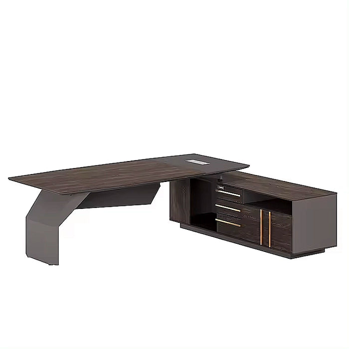 Arcadia 奢华高端现代咖啡棕色 L 形 CEO 行政办公桌，带抽屉和橱柜储物空间，耐用饰面，隐私斜面板岩和光滑桌面