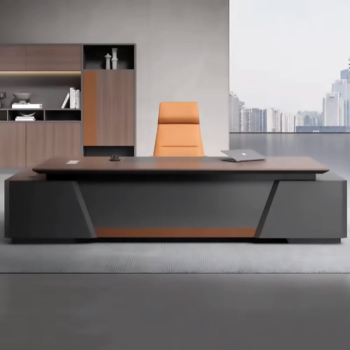 Arcadia 大型高端黑色行政 L 形家庭办公桌，带抽屉和储物空间、电缆管理、皮革封面和密码锁