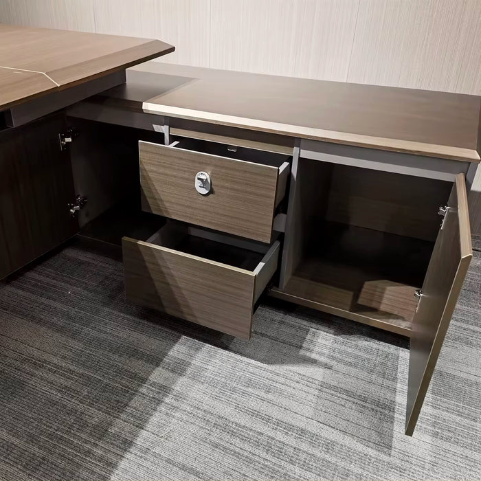Arcadia Large High-end Oakwood Brown Executive L-shaped Home Office Desk with Drawers and Storage, Cable Management, and USB Charging