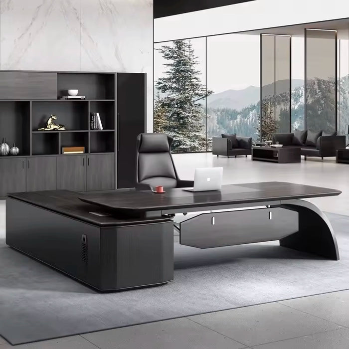 Arcadia 中型高端棕色/黑色行政 L 形家庭办公桌，带抽屉和储物空间、电缆管理和隐私斜面