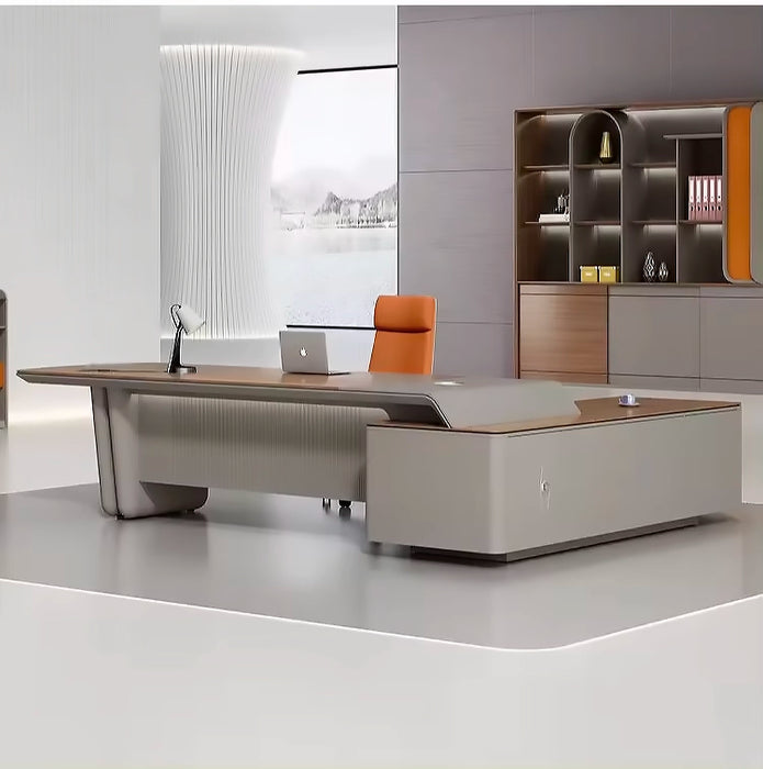 Arcadia 大号（110 至 130 英寸）高端棕色和灰色 L 形行政家庭办公桌，带抽屉和储物空间、电缆管理和无线充电 + USB