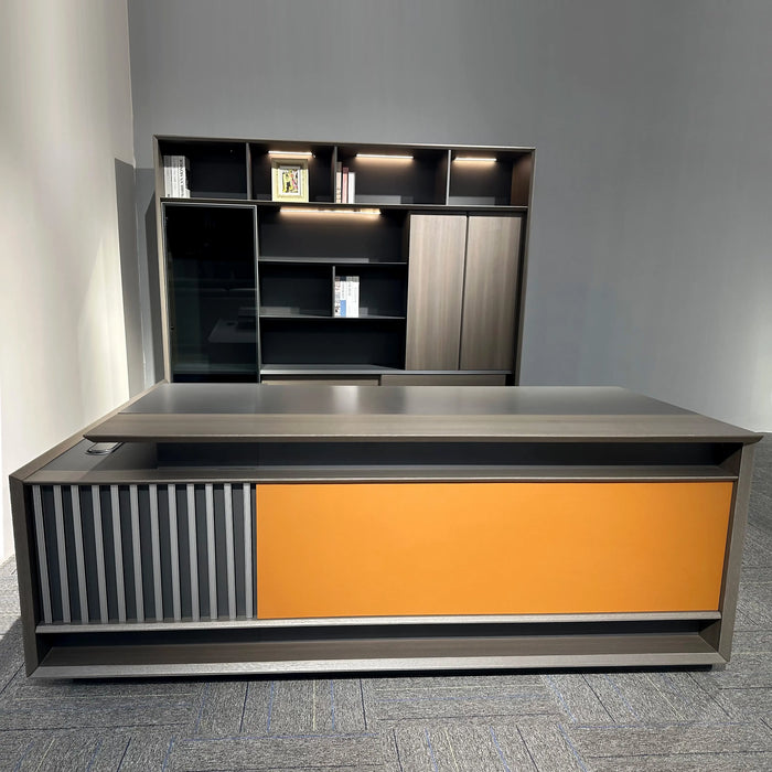 Arcadia 正式中型专业棕色行政 L 形商务和家庭办公桌，配有抽屉和存储空间、电缆管理、密码锁和金属挡板