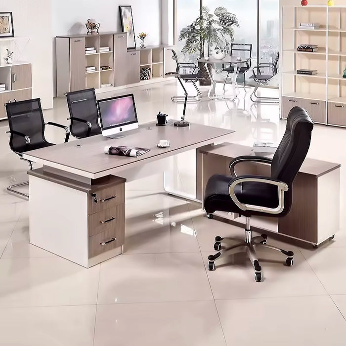 Arcadia 紧凑型高端桦木米色和白色移动 L 形返回家庭和公司办公桌，带抽屉和橱柜存储、隐私斜面和电线管理