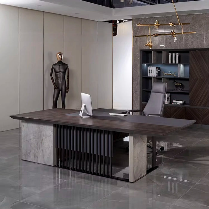 Arcadia Escritorio de oficina ejecutivo en forma de L para uso doméstico y profesional, grande, exclusivo, de mármol y gris oscuro, con gabinetes, cajones y escritorio de retorno
