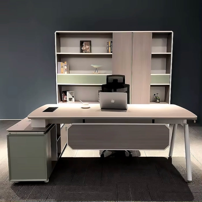 Arcadia Compact Professional Beige Gray and White Executive L-shaped Office Desk with Drawers and Storage for Home and Business Use with Return Desk, Cable Management, Password Lock, and Spacious Design