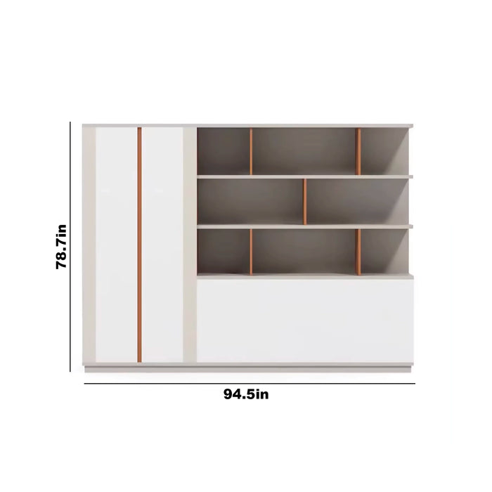 Arcadia Sleek White and Beige Home Office Residential and Commercial Shelving Wall Unit Library Wall Set | 4 Levels, 8 Shelves, 13 Compartments. 5 Drawers