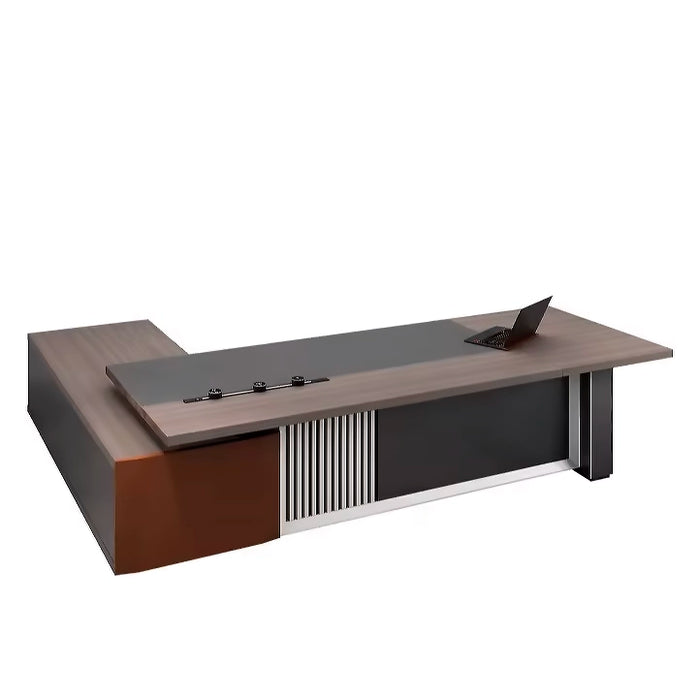 Arcadia 大型中档浅灰色和棕色行政 L 形学习办公桌，配有抽屉和橱柜，用于存储、可上锁的抽屉和电缆管理