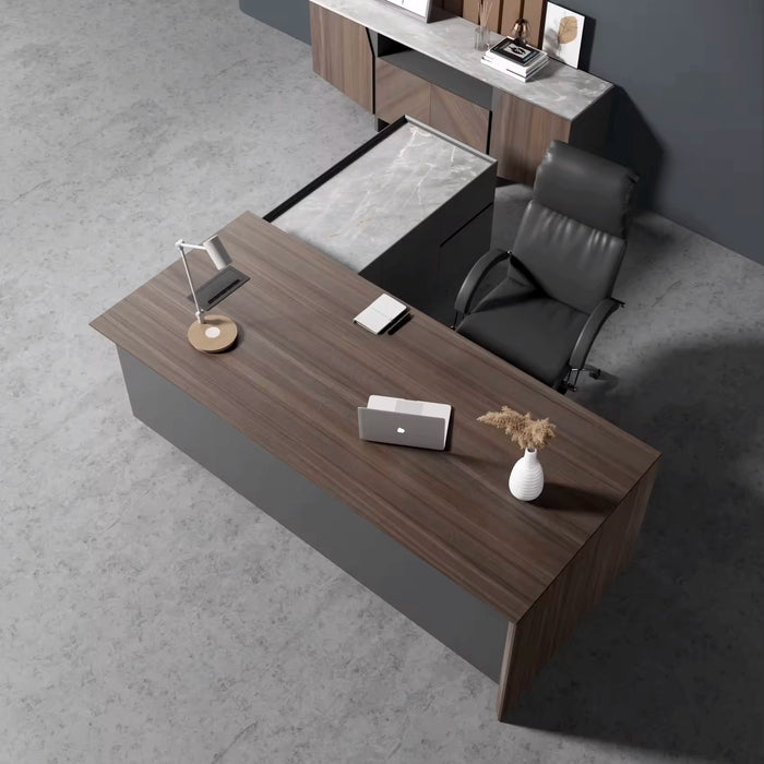 Arcadia 中档高档深灰色专业和家庭 L 形行政办公桌，带橱柜、抽屉和回转台