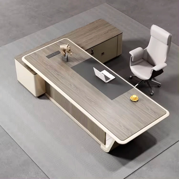 Arcadia 中型一体式 Oakwood 米色 L 形行政家庭办公桌，带抽屉和储物空间、电缆管理和桌面充电端口