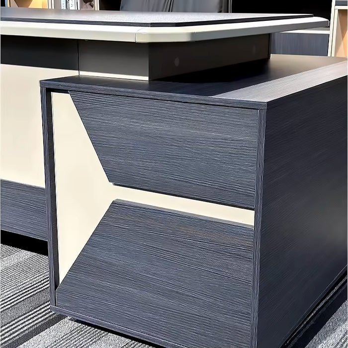 Arcadia Spacious Professional Beige Tan and Dark Blue/Black Executive L-shaped Office Desk with Drawers and Storage for Home and Business Use with Return Desk, Cable Management, Password Lock, and Spacious Design
