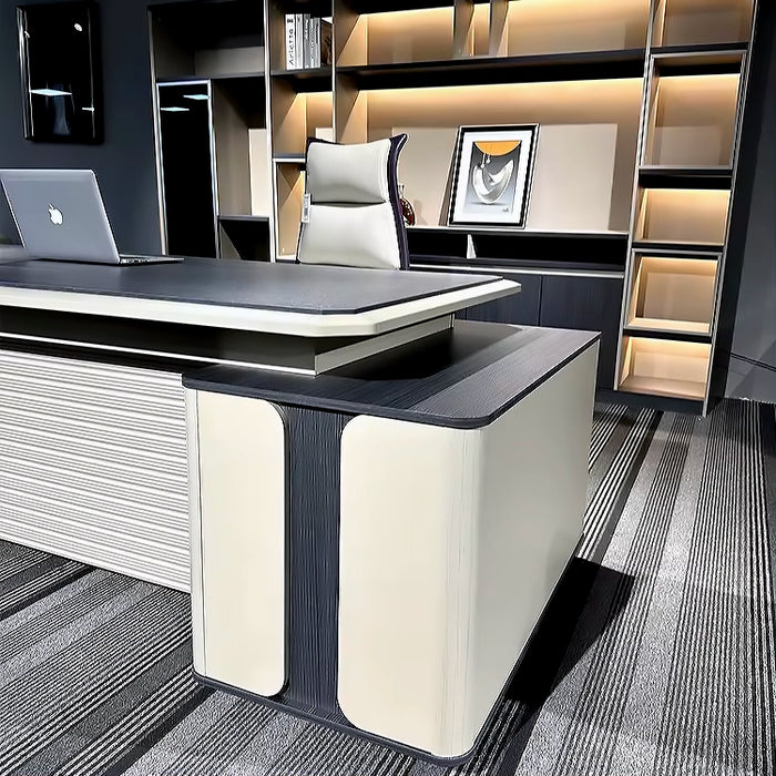 Arcadia Roomy Professional Beige Tan and Dark Blue/Black Executive L-shaped Office Desk with Drawers and Storage for Home and Business Use with Return Desk, Cable Management, Password Lock, and Spacious Design