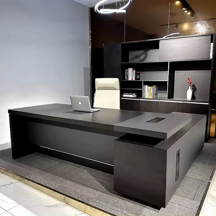 Arcadia 正式中型专业深棕色/黑色行政 L 形商务和家庭办公桌，带抽屉和存储空间、电缆管理、密码锁和散热孔