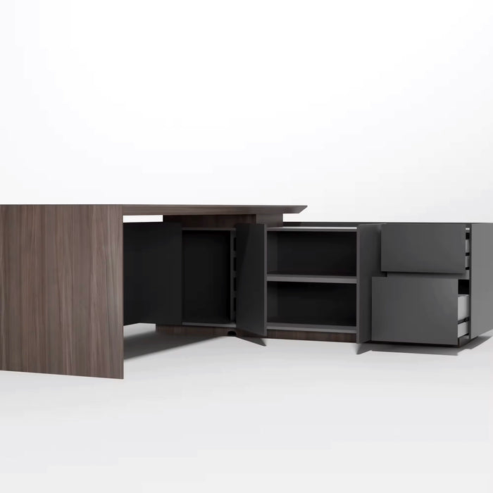 Arcadia Mid-range Upscale Dark Gray Professional and Home L-shaped Executive Office Desk with Cabinets, Drawers, and Return Desk