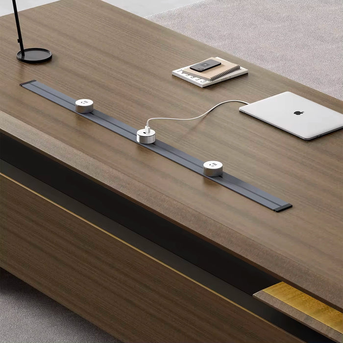Arcadia Escritorio ejecutivo grande de alta gama para oficina en casa, en forma de L, color marrón roble, con cajones y almacenamiento, gestión de cables y carga USB