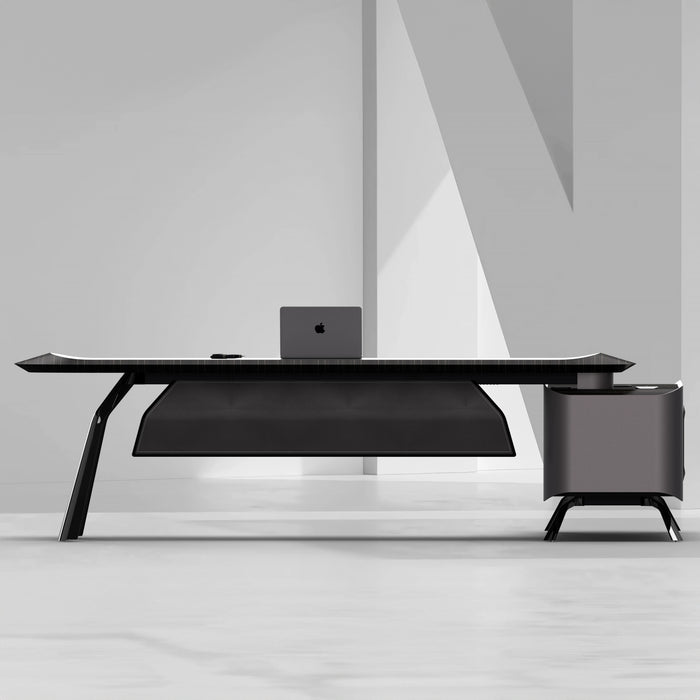 Arcadia 中型高端超高品质金属灰色行政 L 形转角家庭办公桌，配有抽屉和储物空间、无线和 USB 充电端口以及指纹锁