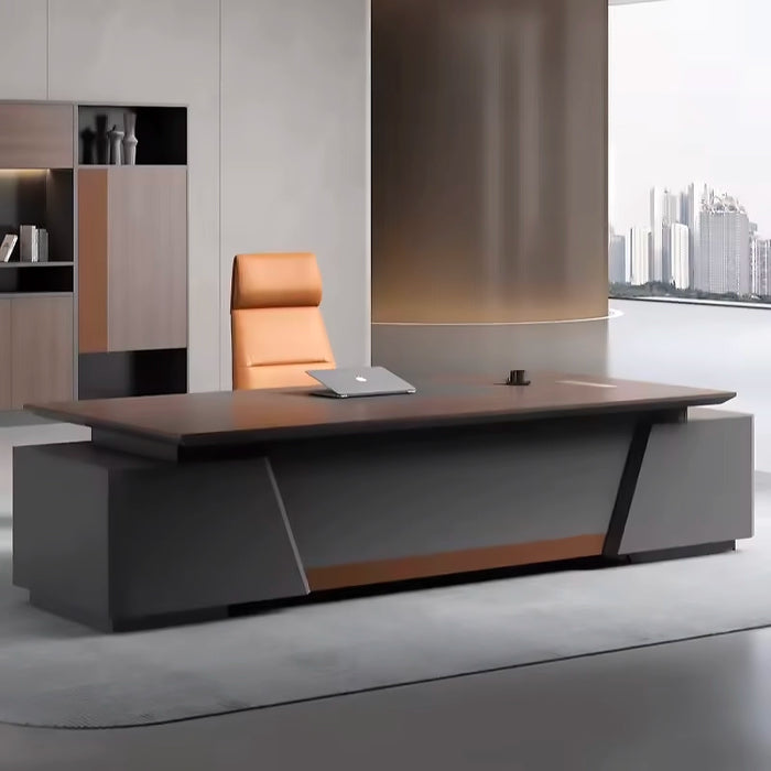 Arcadia 大型高端黑色行政 L 形家庭办公桌，带抽屉和储物空间、电缆管理、皮革封面和密码锁