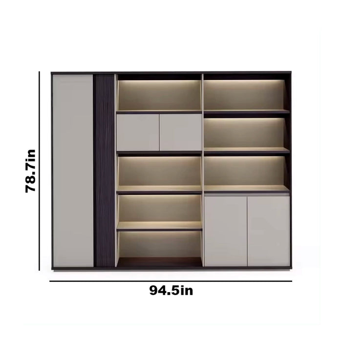 Arcadia Modern Light Beige and Dark Blue Home Office Residential and Commercial Shelving Wall Unit Library Wall Set | 5 Levels, 7 Shelves, 10 Compartments. 3 Drawers