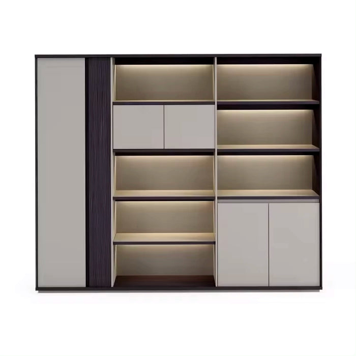 Arcadia Modern Light Beige and Dark Blue Home Office Residential and Commercial Shelving Wall Unit Library Wall Set | 5 Levels, 7 Shelves, 10 Compartments. 3 Drawers