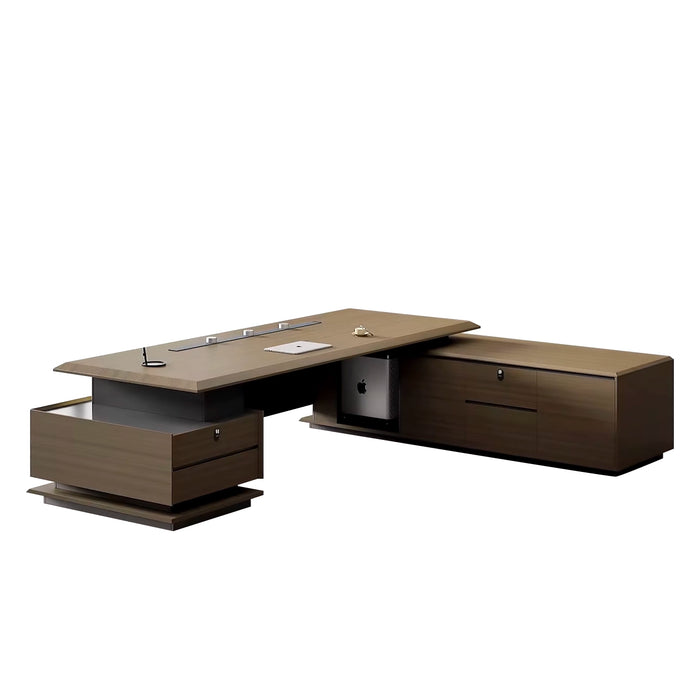 Arcadia 大型高端橡木棕色 L 形家庭办公桌，带抽屉和储物空间、电缆管理和 USB 充电