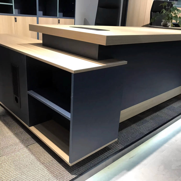 Arcadia 现代专业米色棕褐色和蓝色行政 L 形办公桌，带抽屉和存储空间，适合家庭和商业使用，配有回程桌、电缆管理、密码锁和宽敞的设计
