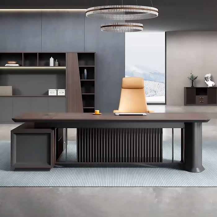 Arcadia 现代专业黑棕色行政 L 形办公桌，带抽屉和存储空间，适合家庭和商业使用，配有回程桌、电缆管理、密码锁和宽敞的设计