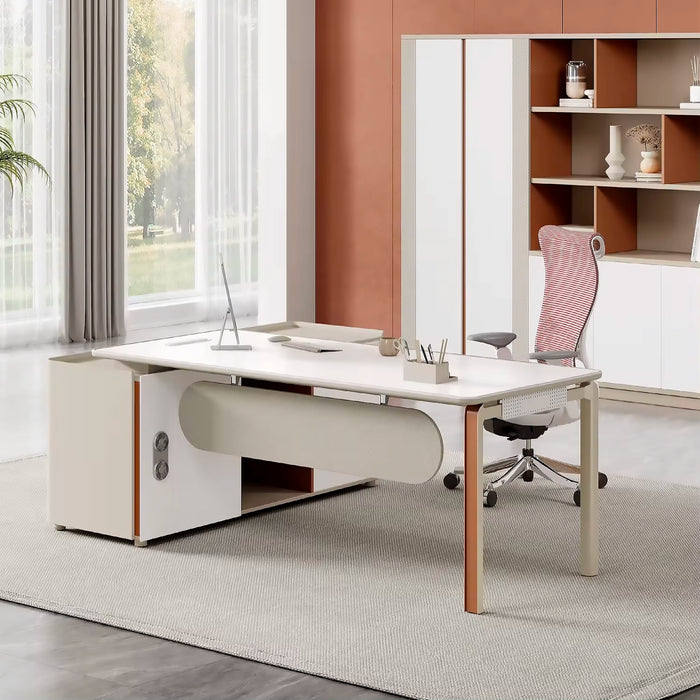 Arcadia Compact Bright Professional Light Tan Executive L-shaped Office Desk with Drawers and Storage for Home and Business Use with Return Desk, Cable Management, Password Lock, and Spacious Design