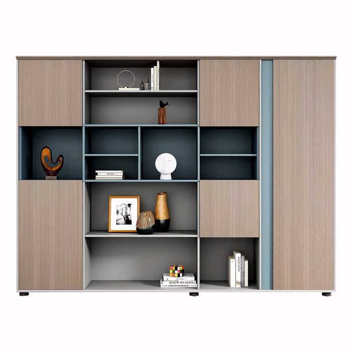 Arcadia High-end Birch Beige Tan Home Office Residential and Commercial Shelving Wall Unit Library Wall Set | 6 Levels, 11 Shelves, 16 Compartments. 5 Drawers