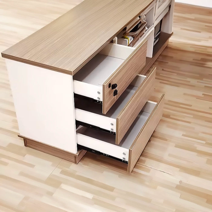 Arcadia 紧凑型高端桦木米色和白色 L 形家用和公司办公桌，带抽屉和橱柜存储、隐私斜面和电线管理