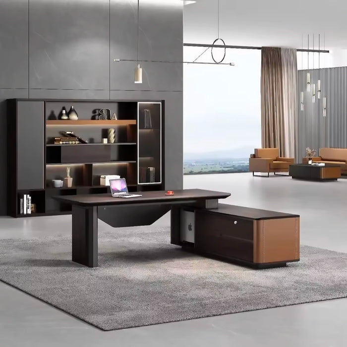 Arcadia 大型（70 至 90 英寸）高端棕色和蓝灰色行政 L 形家庭办公桌，带抽屉和储物空间、电缆管理和通用充电端口